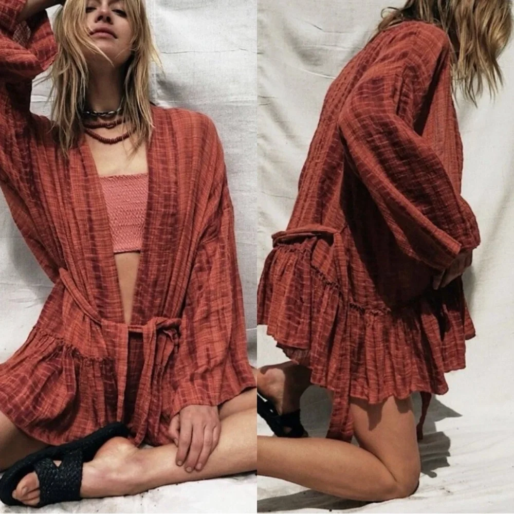 FREE PEOPLE Sasha Tie Dye Cotton Wrap Belted Kimono Cover Up